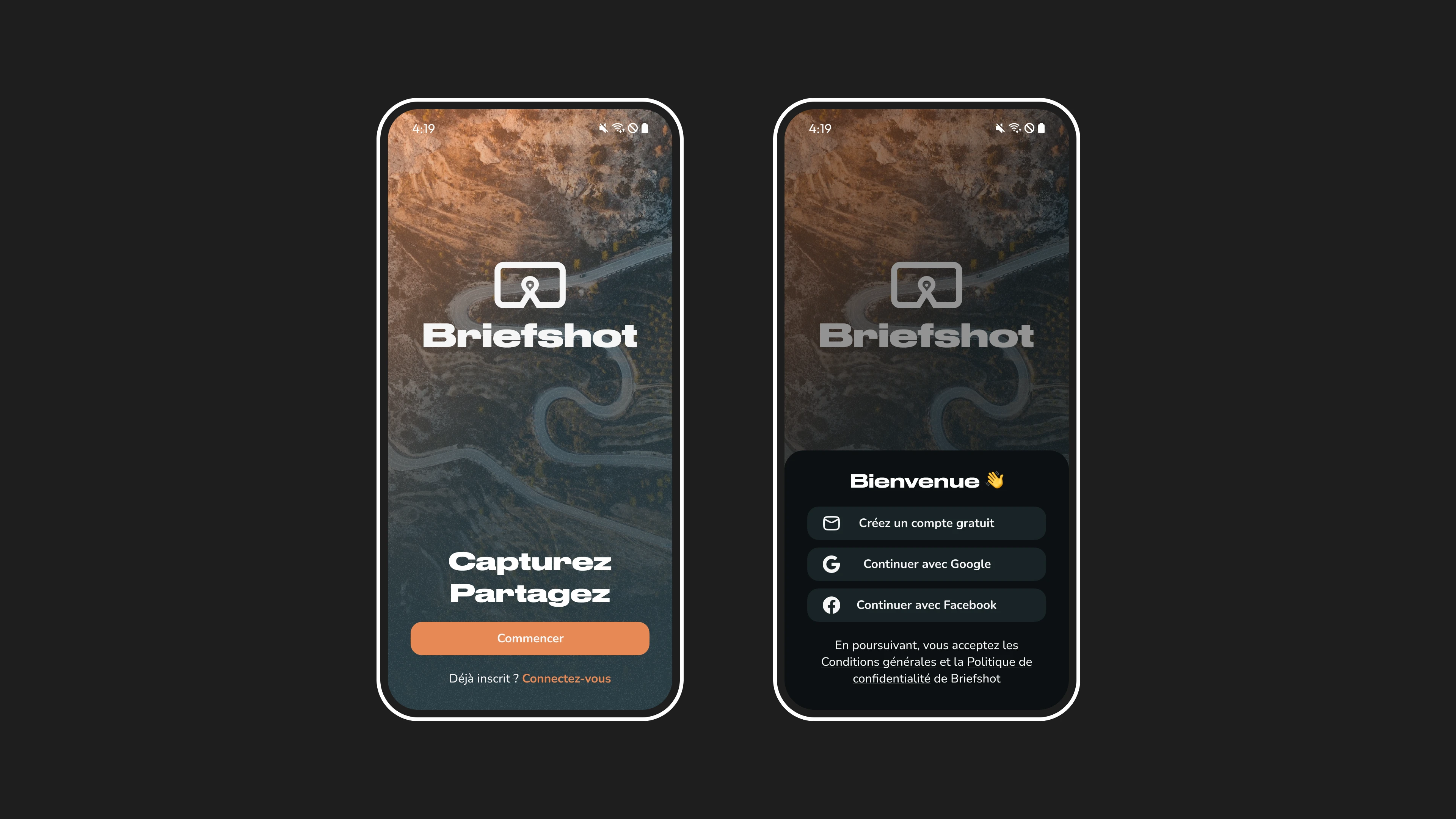 Plusieurs écrans, celui de chargement et d'inscription'