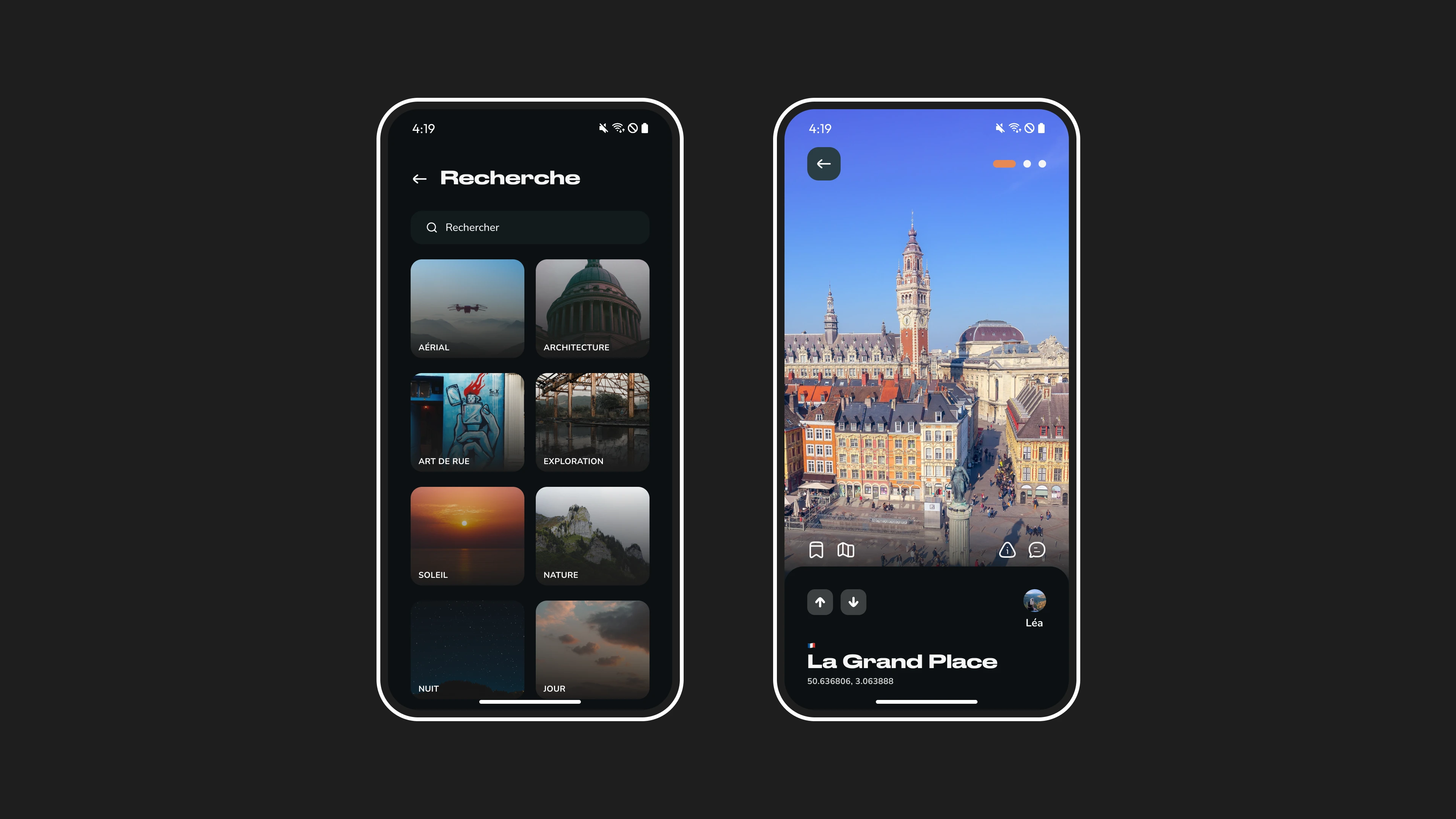 Plusieurs écrans, celui de connexion, carte ainsi que recherche