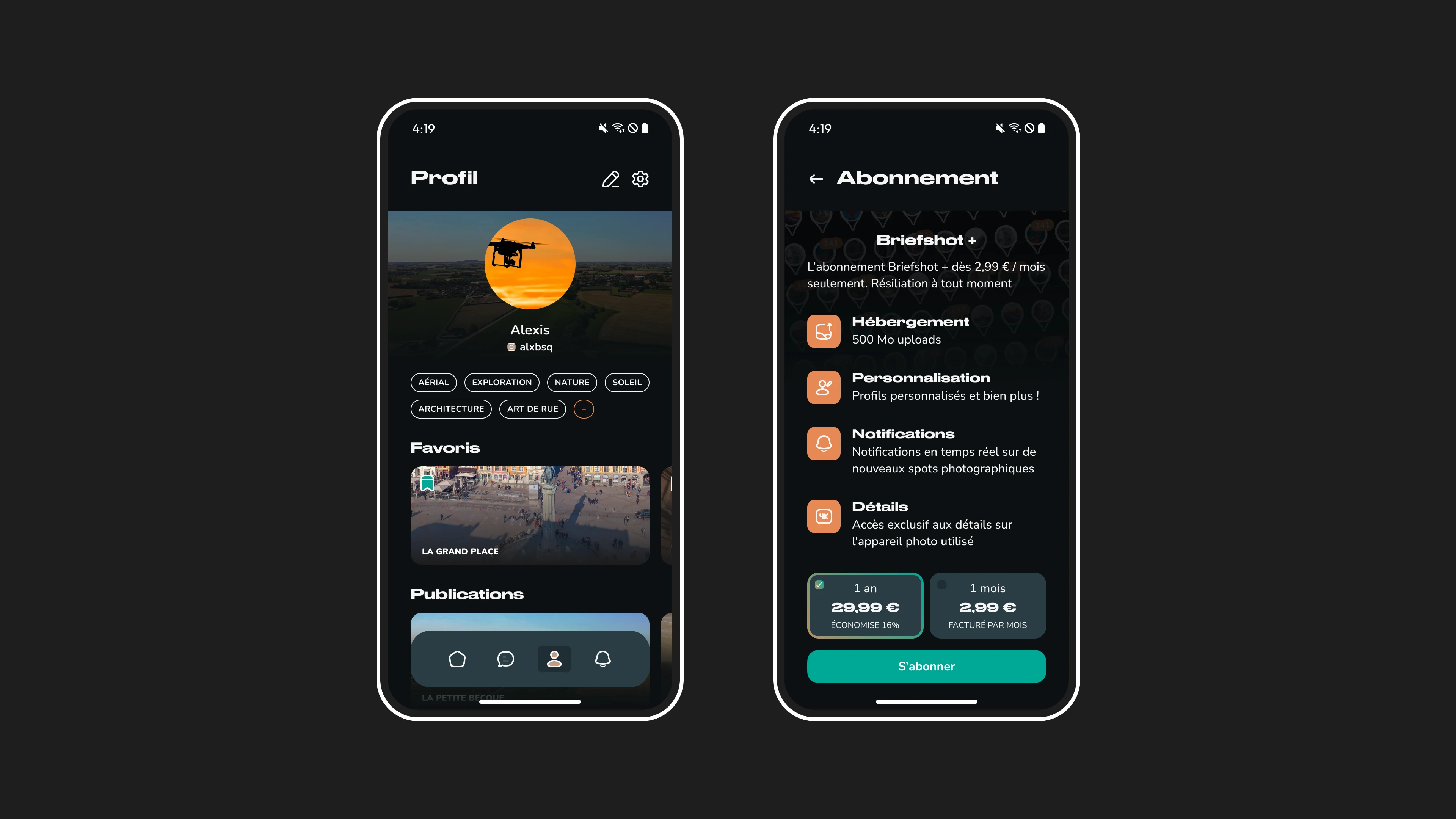 Ecrans d'images sélectionnés et de profil